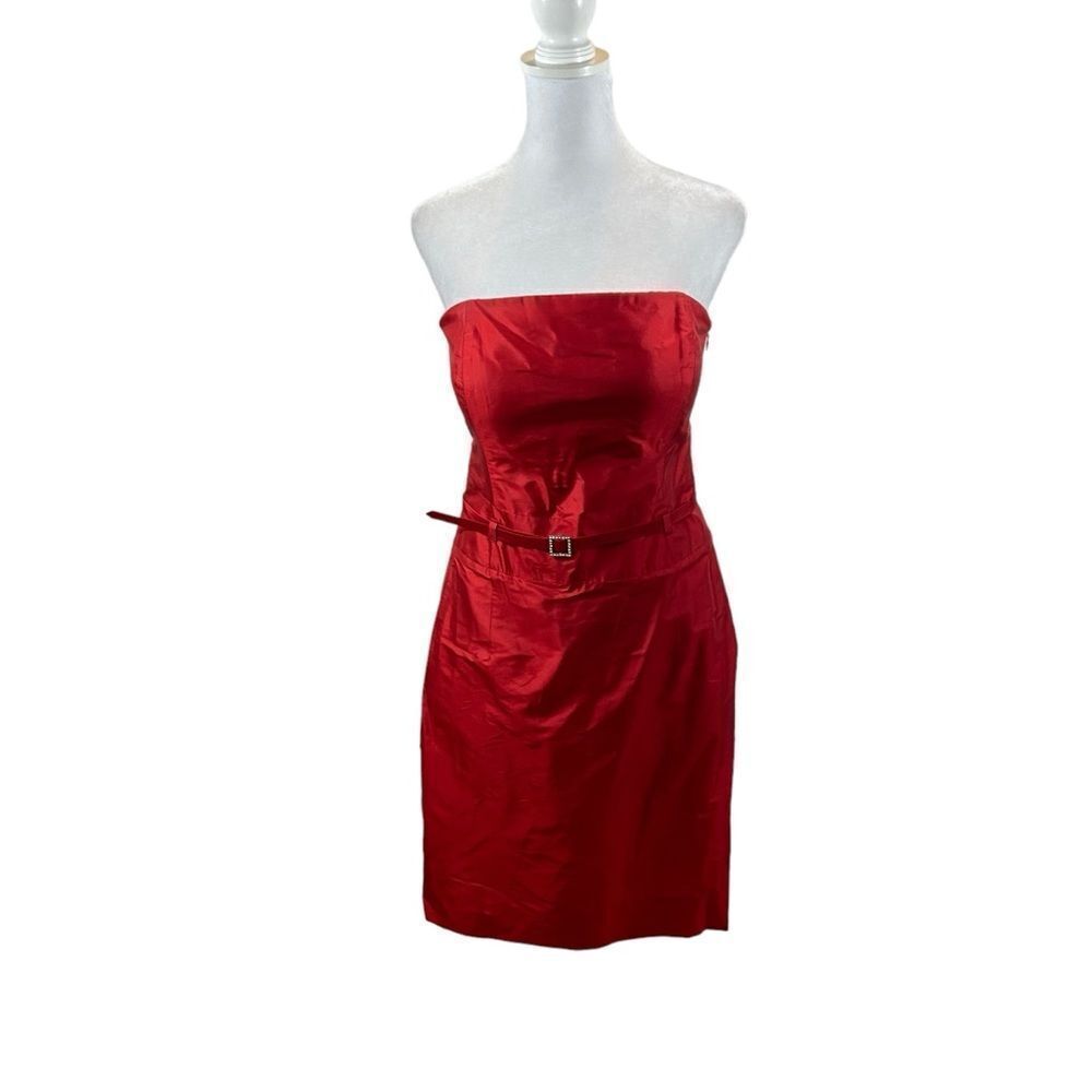 Rene Lezard Brand Red Strapless Silk Cocktail Dress with Matching Belt Size 38‎